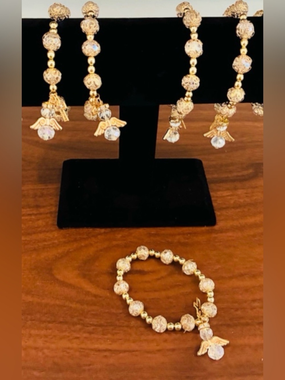 Gold & Clear Angel cross Charm glasses Beaded Bracelets. 5 pieces